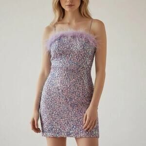 Crystal Doll Sequin Dress Size Medium Purple Feather Trim Y2K Party Formal Mini